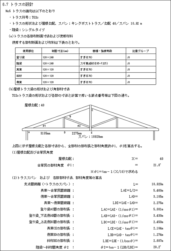計算書出力画面（キングポストトラスの設計）
